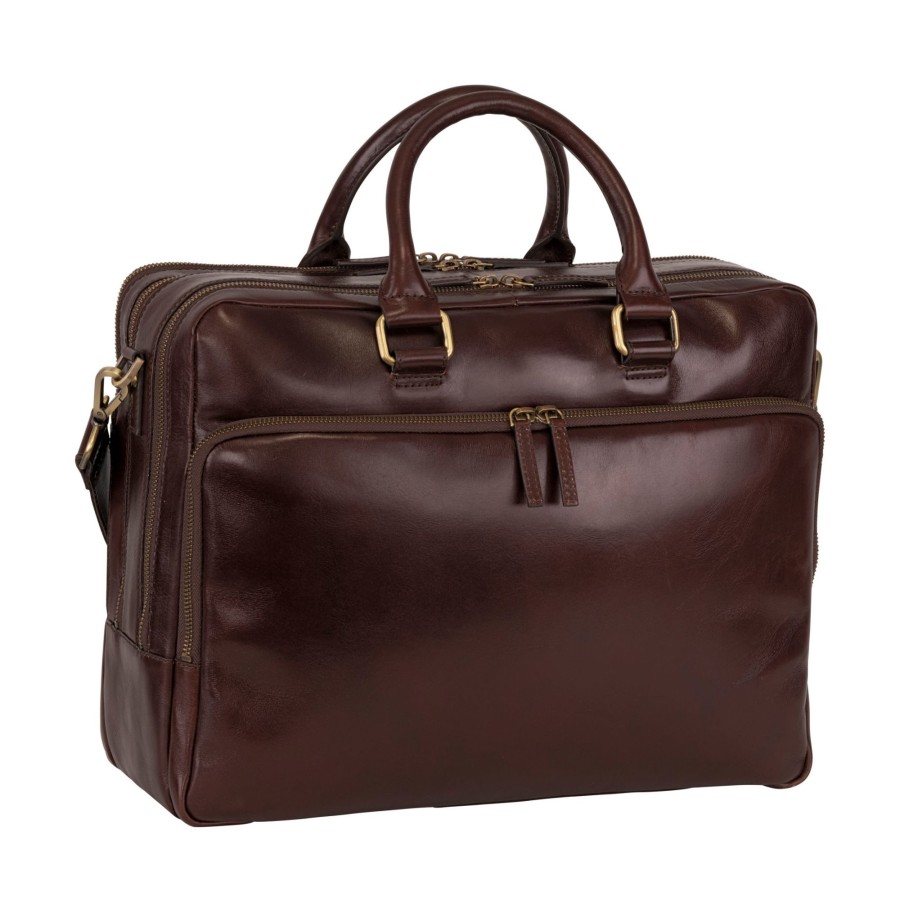 Werktassen Leonhard Heyden | Leonhard Heyden Cambridge Zipped Briefcase 3 Compartments Red Brown