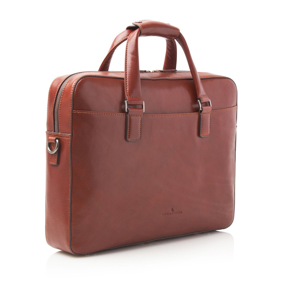 Werktassen Castelijn & Beerens | Castelijn & Beerens Gaucho Ted Laptop Bag 15.6" Single Zip Cognac