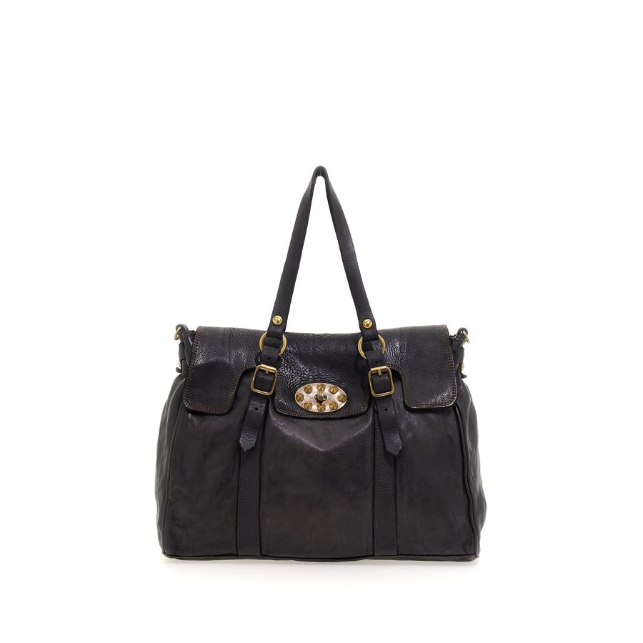 Tassen Campomaggi | Campomaggi Traditional Dione Shopping Bag Black