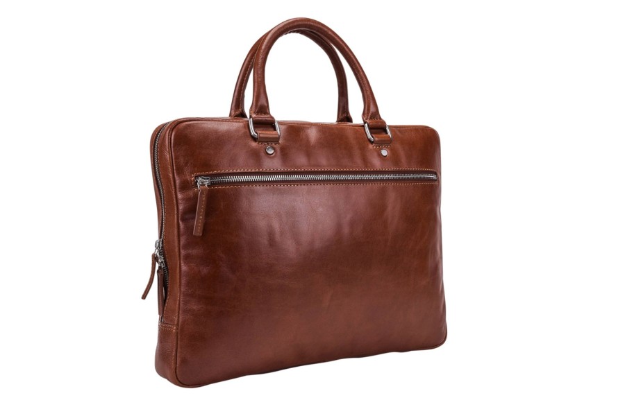 Werktassen Leonhard Heyden | Leonhard Heyden Leonhard Heyden Cambridge Zipped Briefcase 1 Compartment Cognac