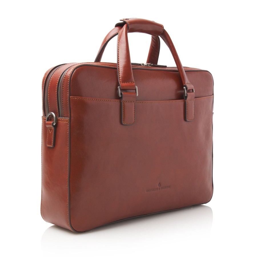 Werktassen Castelijn & Beerens | Castelijn & Beerens Gaucho Paul Laptop Bag 15.6" Double Zip Cognac