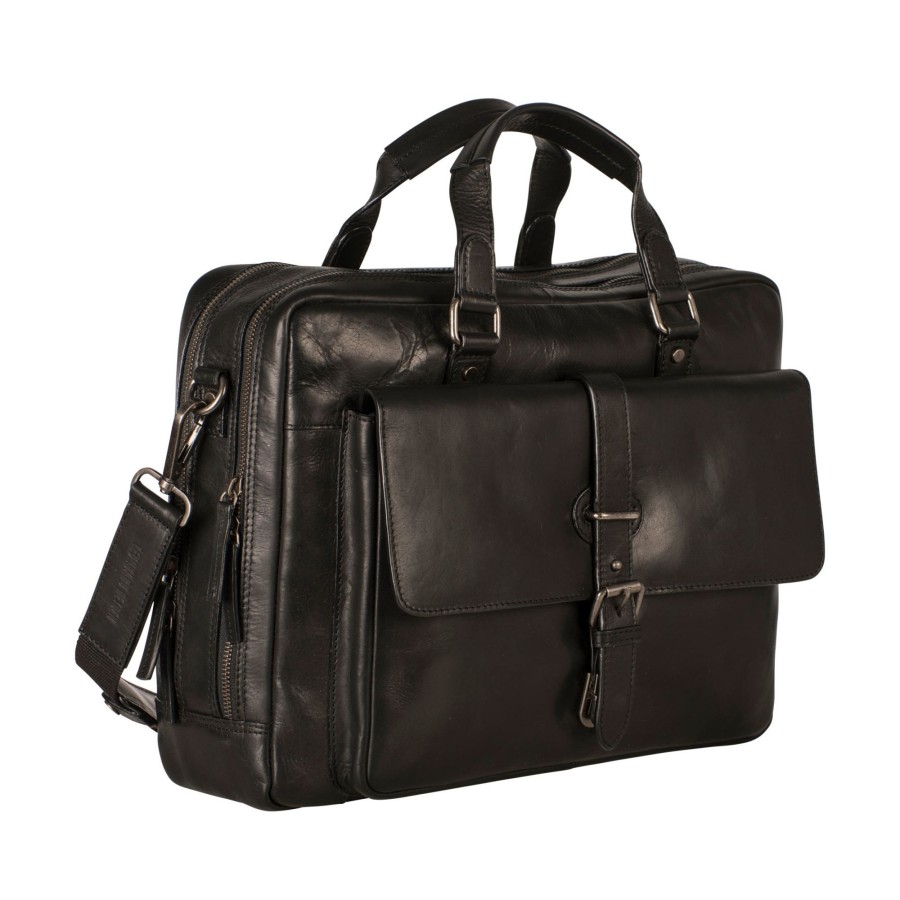 Werktassen Leonhard Heyden | Leonhard Heyden Roma Zipped Briefcase 2 Compartments With Front Pocket Black