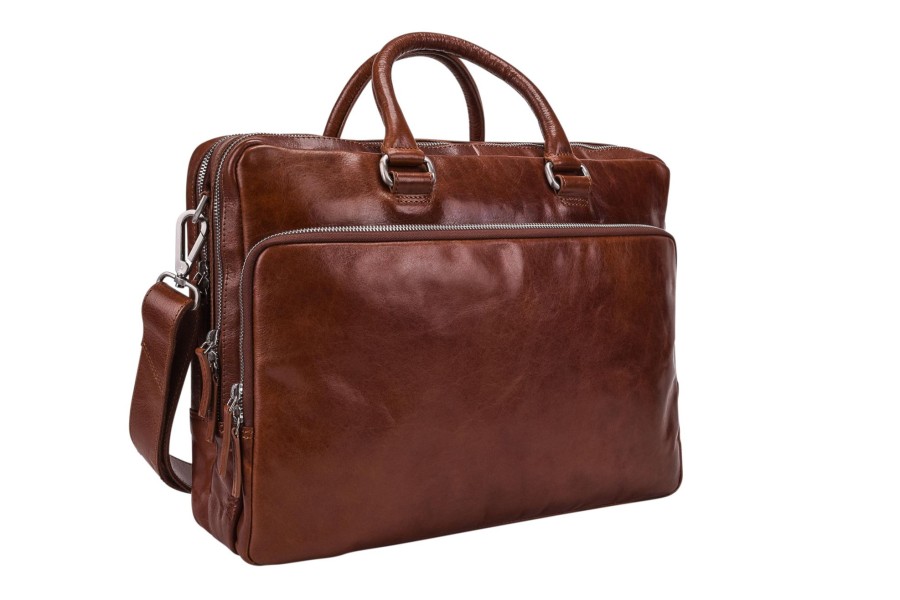 Werktassen Leonhard Heyden | Leonhard Heyden Cambridge Zipped Briefcase 2 Compartments Cognac