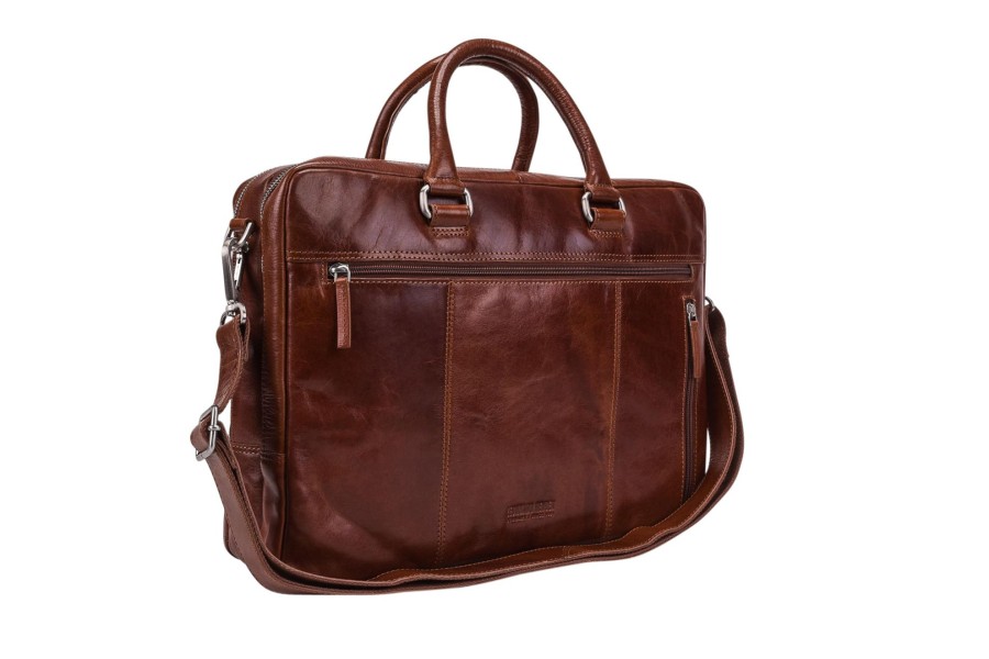 Werktassen Leonhard Heyden | Leonhard Heyden Cambridge Zipped Briefcase 2 Compartments Cognac