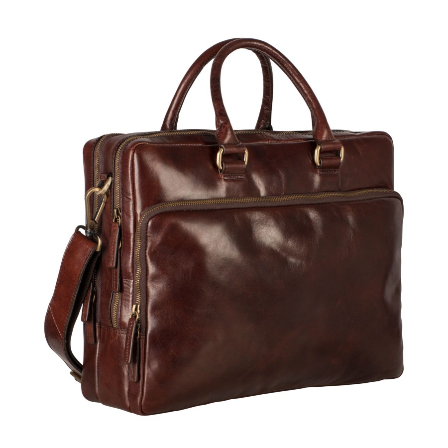 Werktassen Leonhard Heyden | Leonhard Heyden Cambridge Zipped Briefcase 2 Compartments Red Brown