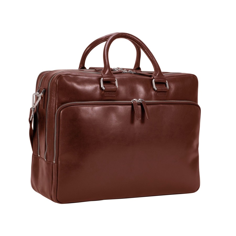 Werktassen Leonhard Heyden | Leonhard Heyden Cambridge Zipped Briefcase 3 Compartments Cognac