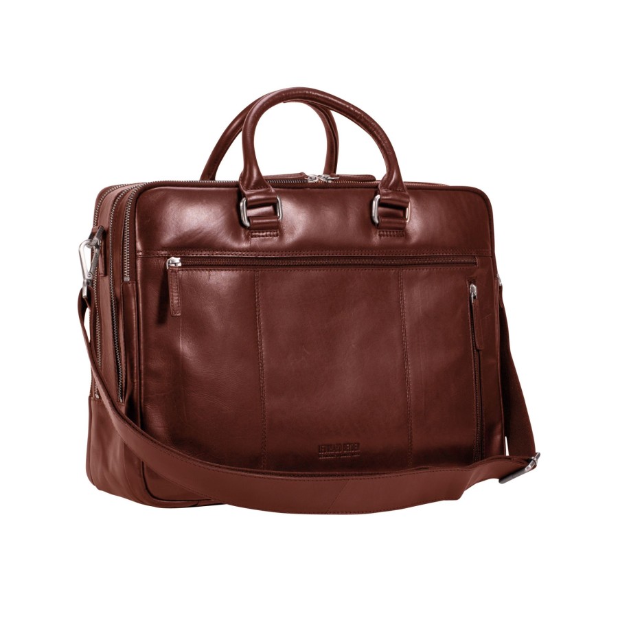 Werktassen Leonhard Heyden | Leonhard Heyden Cambridge Zipped Briefcase 3 Compartments Cognac